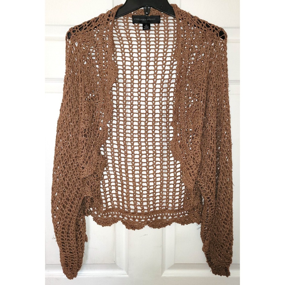 Colleen Lopez Crochet Brown Metallic‎ Gold Women Fairy Romantic Cardigan Sz XS